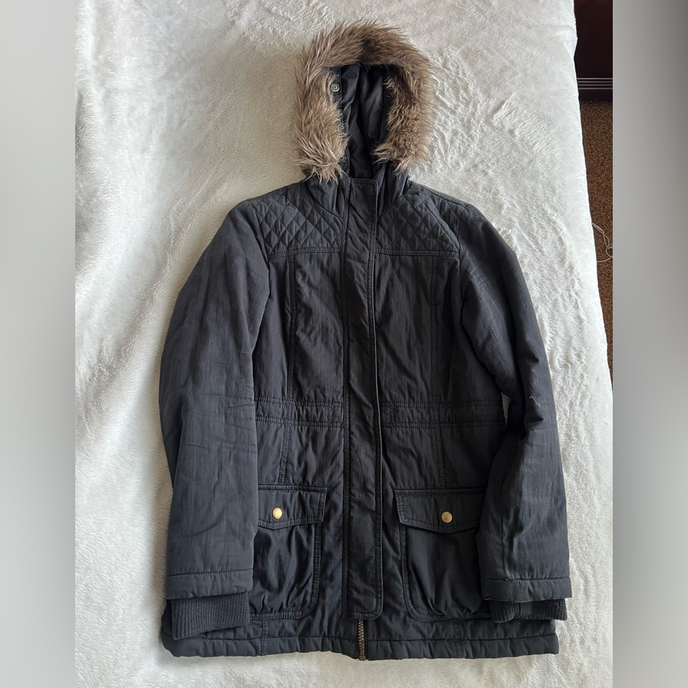 Women’s Black Hooded Coat with Faux Fur Trim